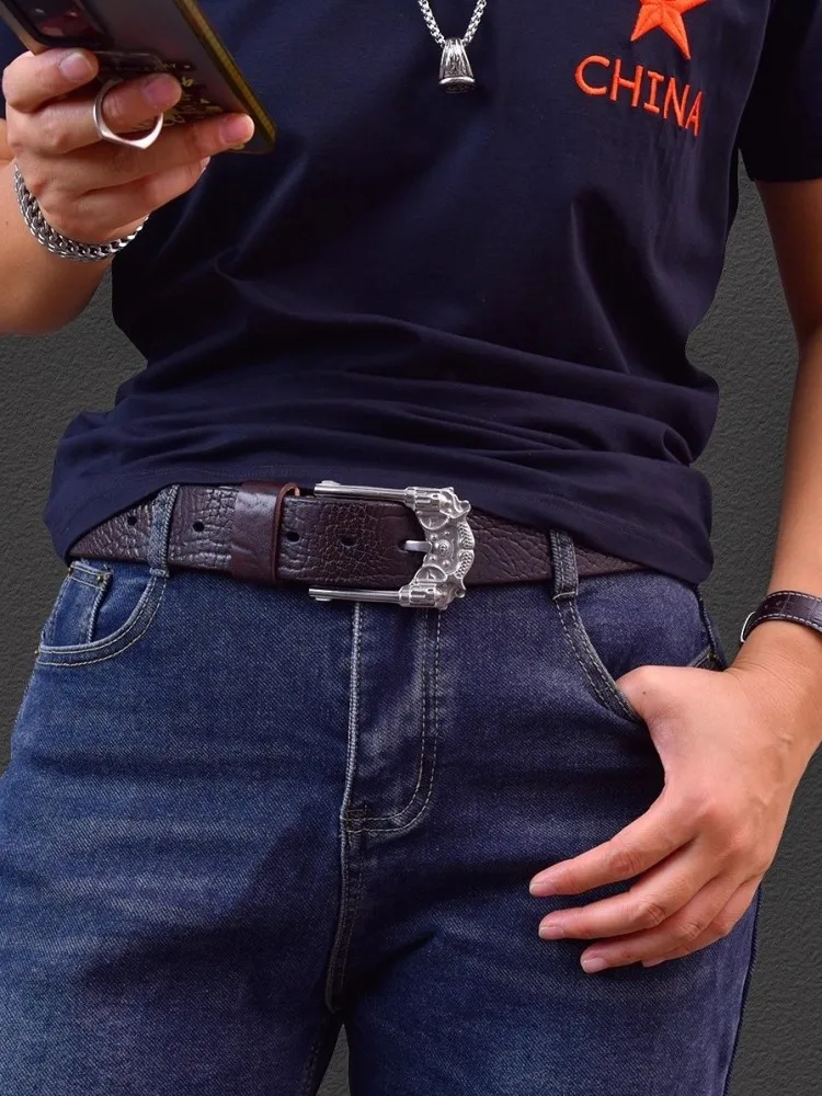 Mens Genuine Leather Belt Handmade Vintage Cowskin Stainless Steel Pin Buckle Personality Streetwear Casual Waistband For Jeans
