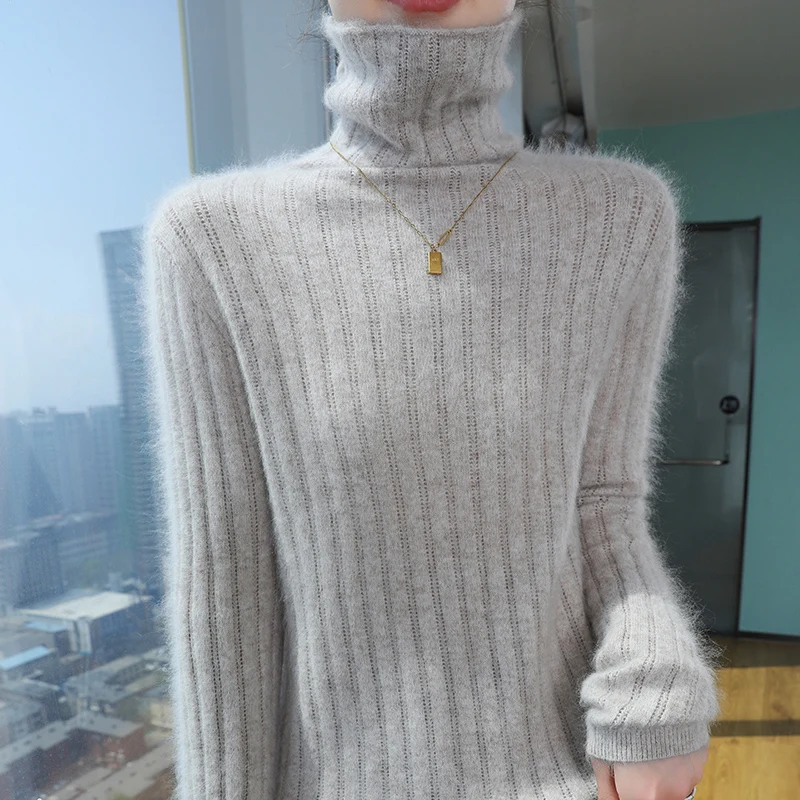 Pull en cachemire de vison pour femme, col haut, tricoté, mode, ajouré, Base chaude, chemise ample, revers épais, automne hiver 100%