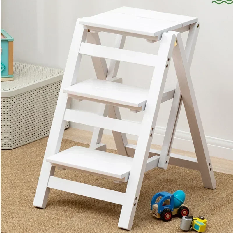 Indoor Home Use Solid Wood Folding Ladder Chair, Dual Use Stool and Ladder Multi-Functional Staircase for Climbing and Pedaling