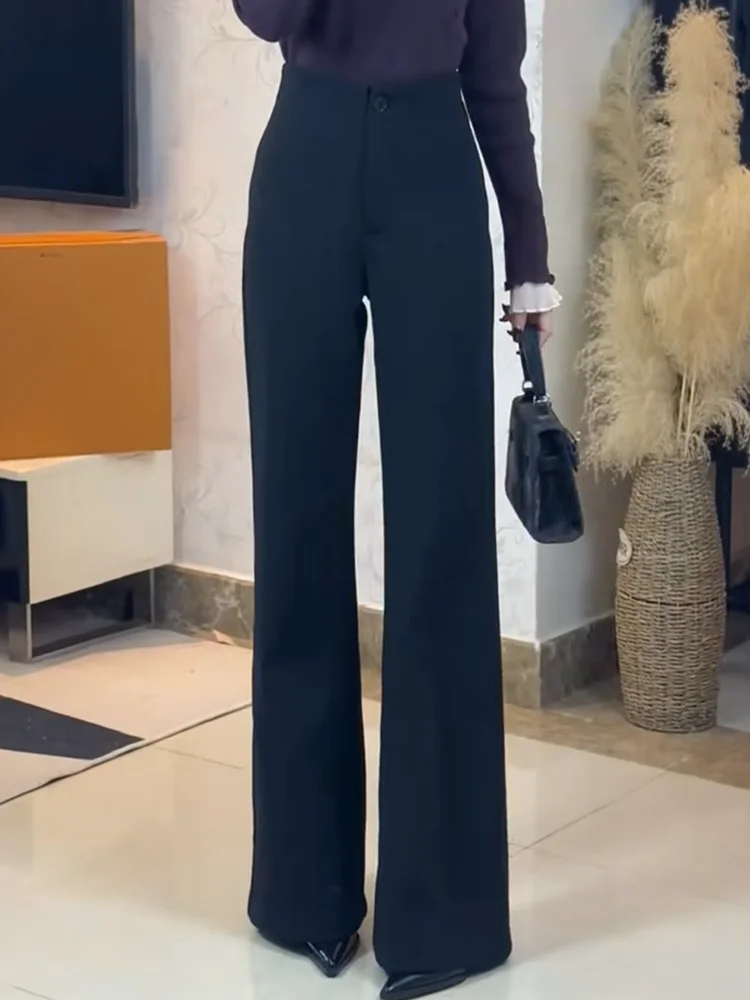 

Модные женские брюки с высокой талией, черные, длинные, осенне-зимние, новые, в корейском стиле, для офиса, больших размеров, стройнящие