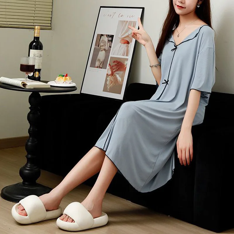 Women\'s Clothing Summer New Ice Silk Nightgown Homewear Loose Short-Sleeved Pajamas Cardigan Comfortable Leisure Long Dresses