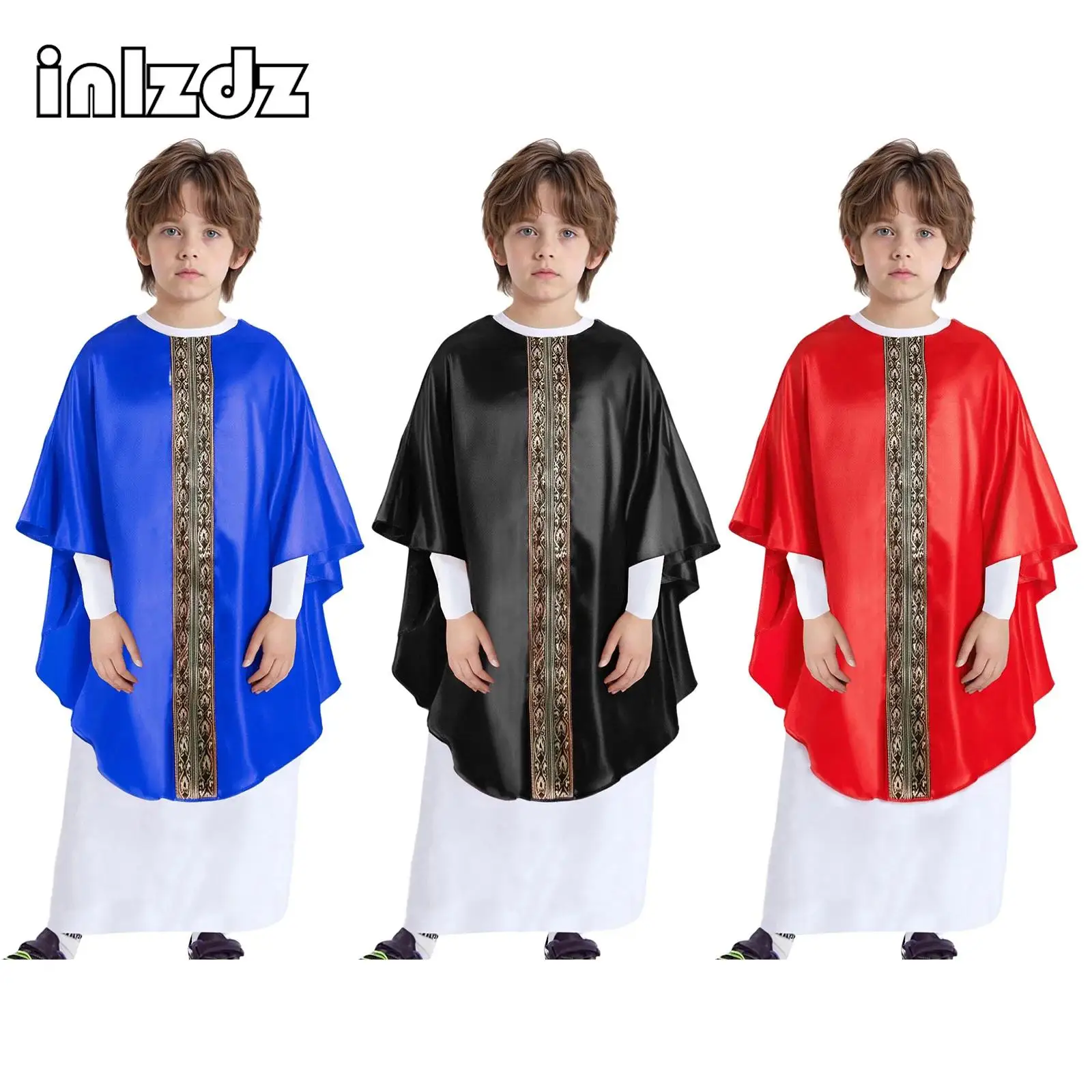 

Kids Boys Girls Halloween Pope Costume Long Sleeve Back Band Cape Underneath White Robe for Themed Activities Stage Performances