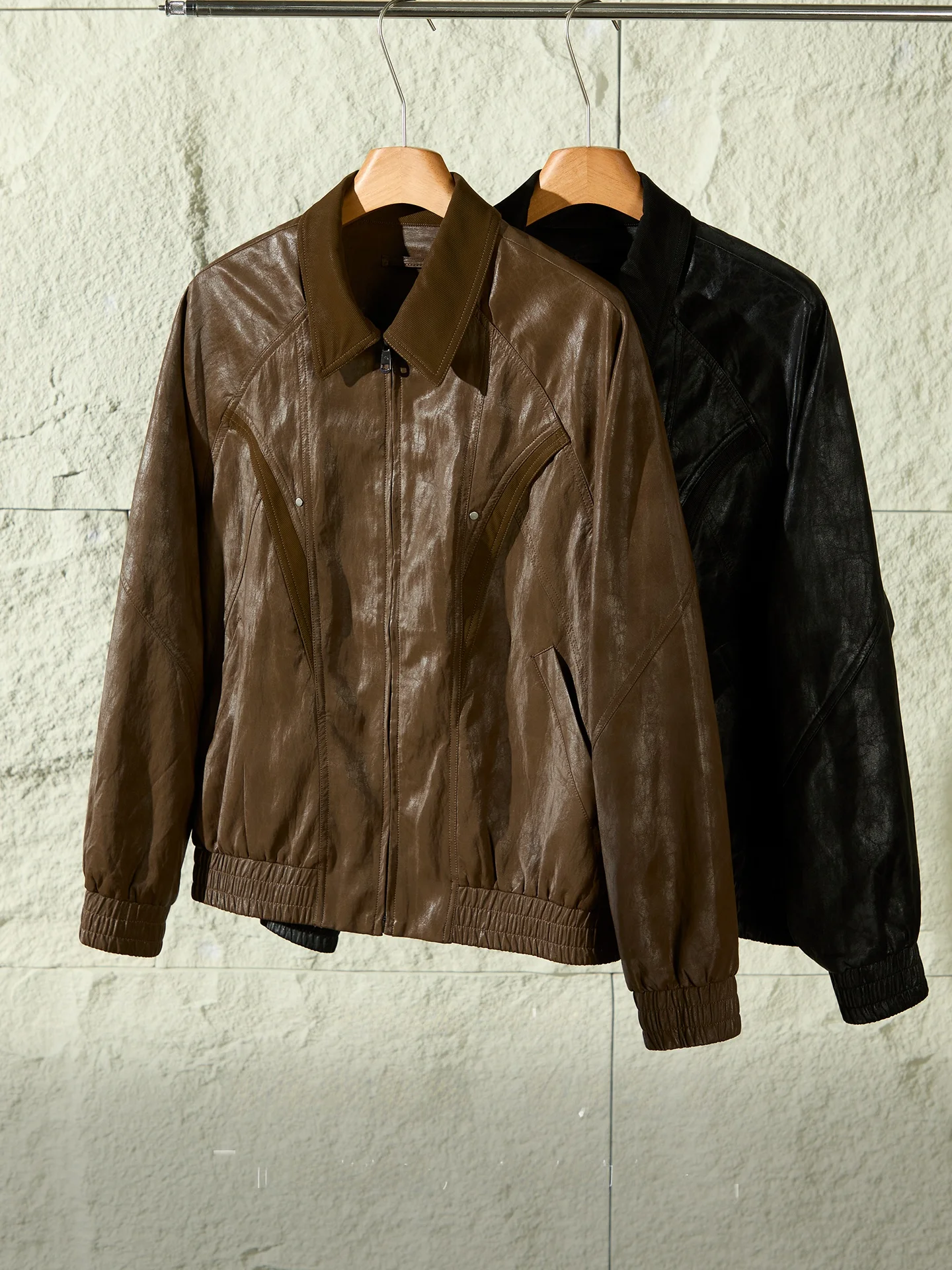 الرجعية الأمريكية شارع العليا الرجال دراجة نارية الجلود Jaet سستة طوق تصميم بو الجلود الكلاسيكية الخريف الشتاء معطف #2