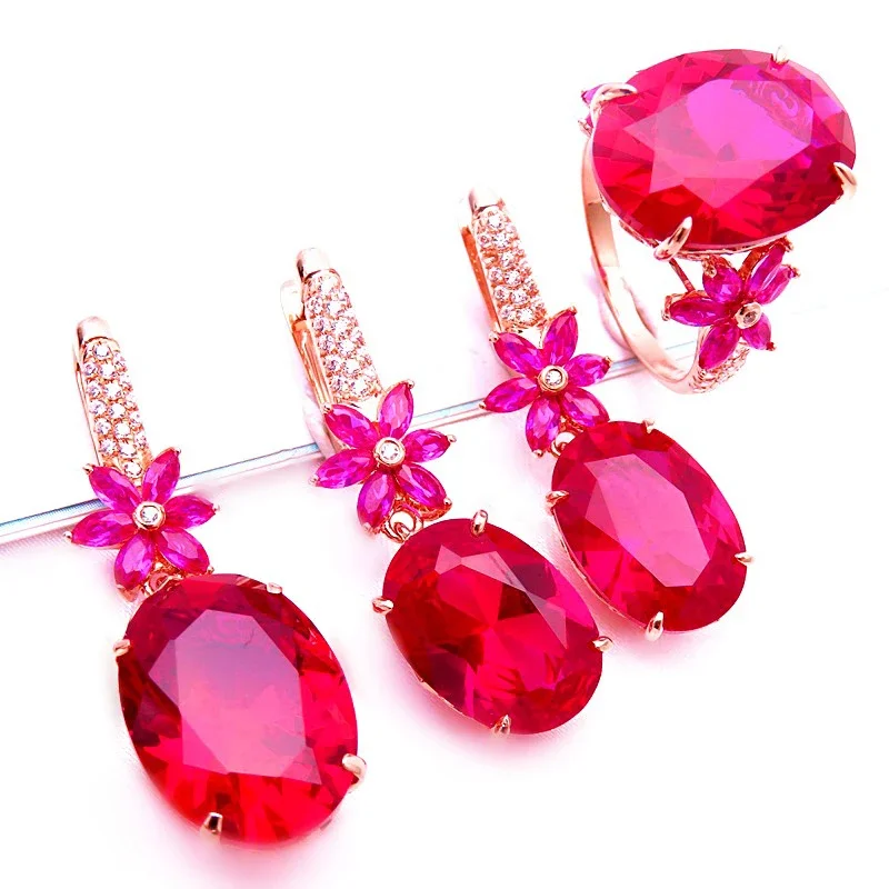 

585 Purple Gold Plated 14K Rose Gold Luxury Ruby Flower Fashion Jewelry Set earings for women exquisite Romantic Ring Necklace