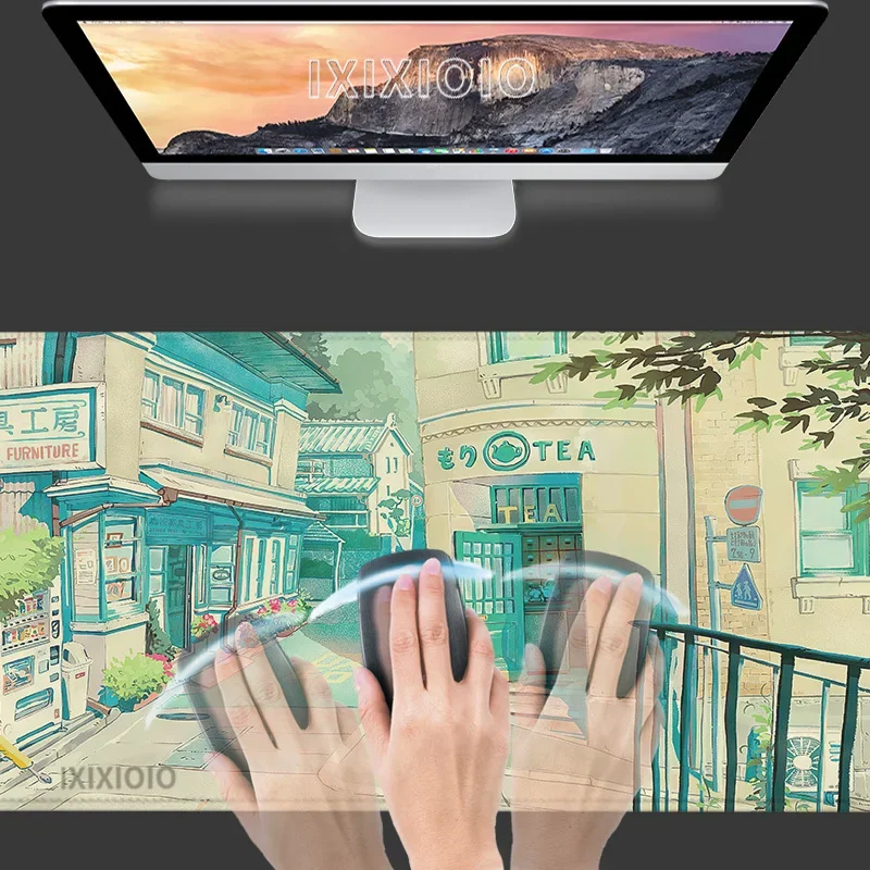 Mouse Pad Gaming Anime Green Japanese Street printon demand Home Mousepad XXL Mechanical Keyboard Pad Natural Rubber Table Mat