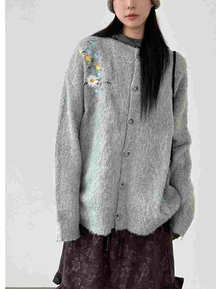 Cárdigan abierto con bordado Floral Retro para mujer, suéter elegante para otoño e invierno, chaqueta holgada y versátil de punto