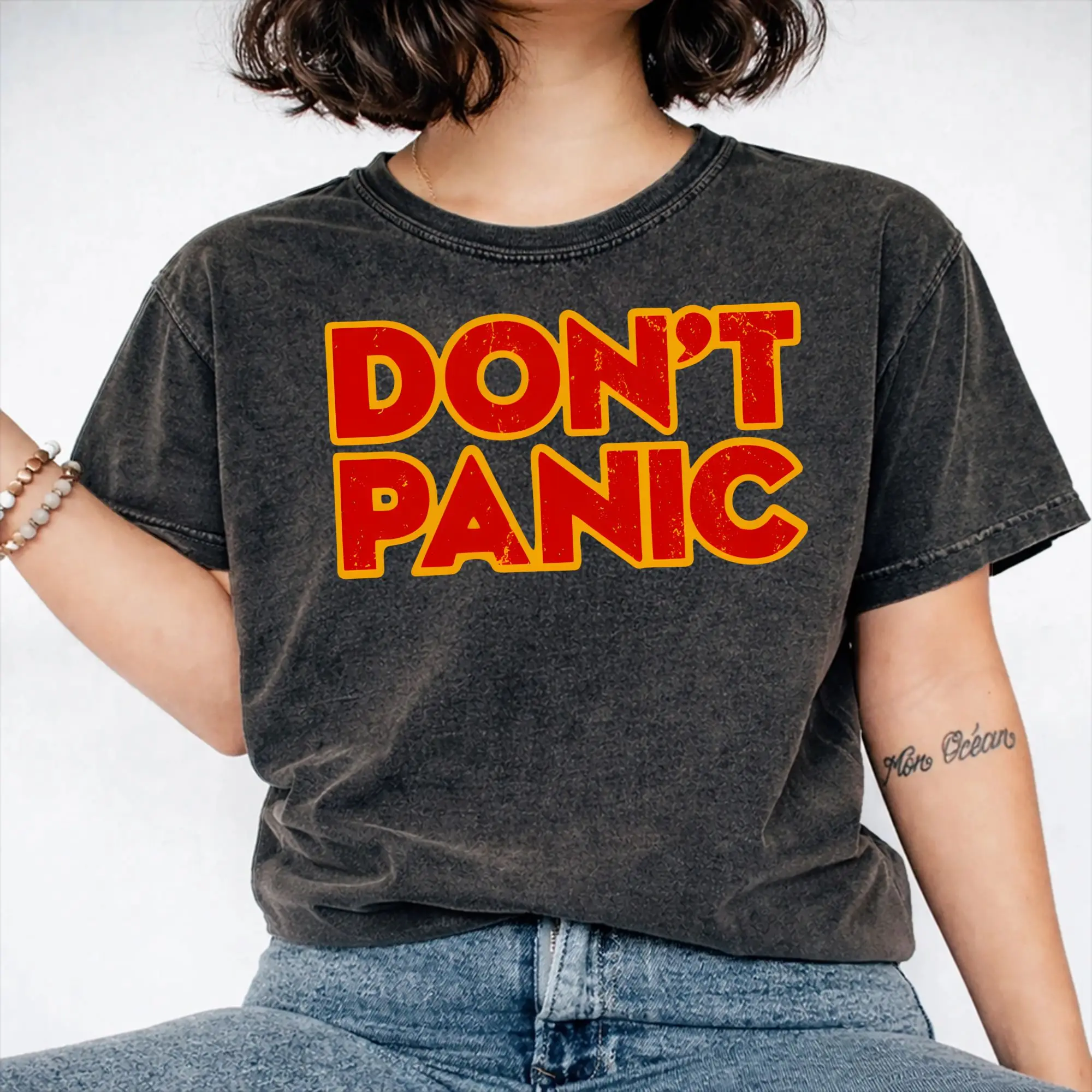 dont panic 42 The Answer To Life Douglas Adams  T Shirt Hip Hop Washed Cotton T-Shirts Novelty for Men Women Streetwear