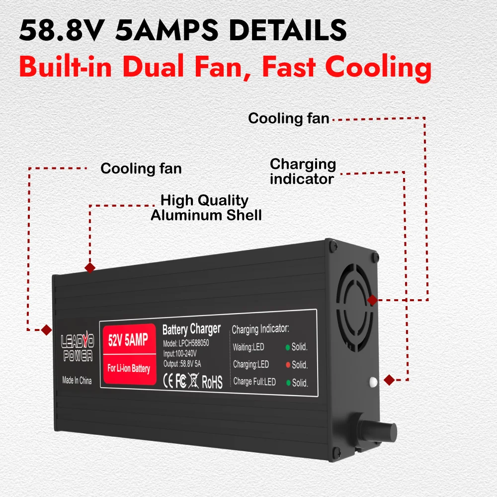 14S 52V 58.8V 5A Li-ion Battery Charger For electric bike With DC5.21 XLR-3pin Charger Plug Optional