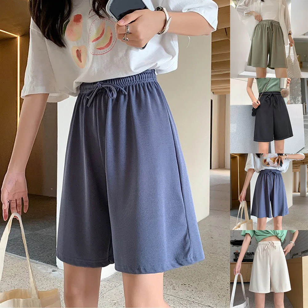 Woman'S Home Shorts Comfortable Loose Quarter Pants Solid Color High Waisted Ice Silk Shorts Summer Straight Leg Casual Pants