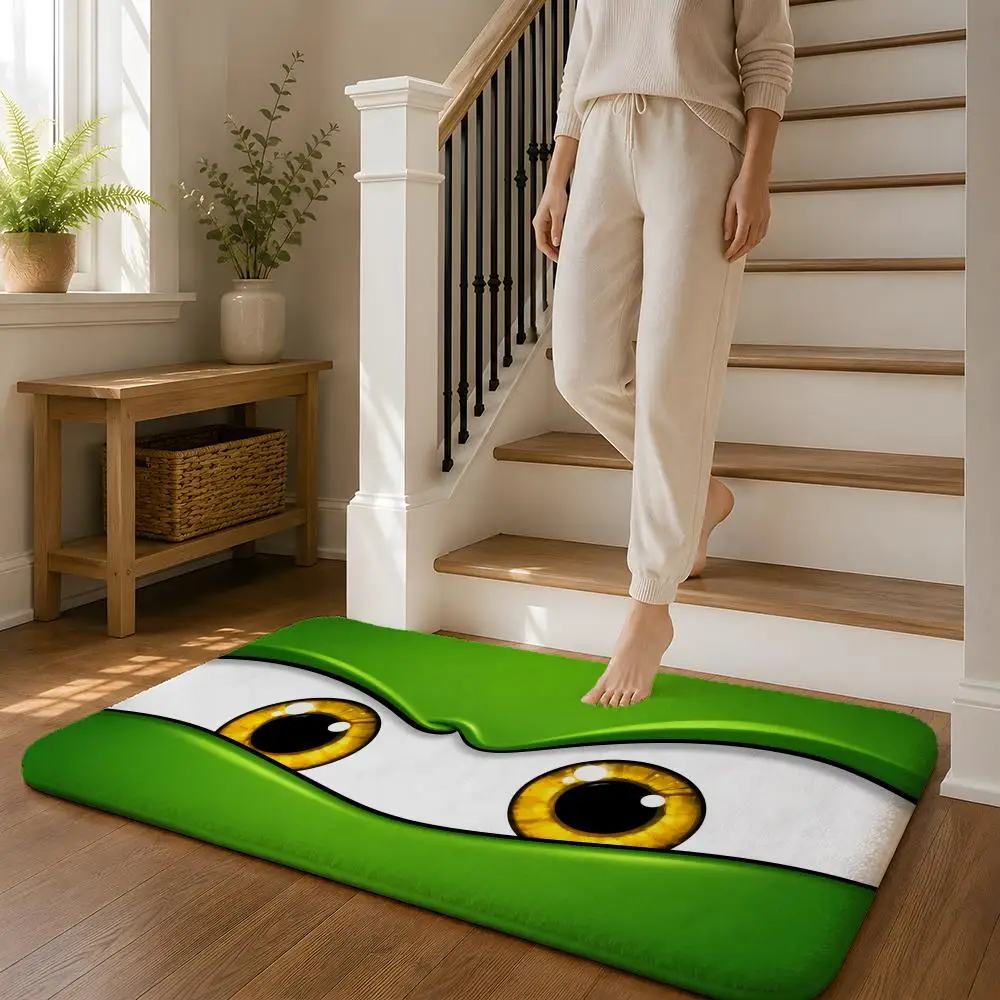 Green Frog'S Eyes Floor Mat Flannel Rug Non Slip Absorbent Soft Washable For Entryway Hallway Bathroom Kitchen Decor