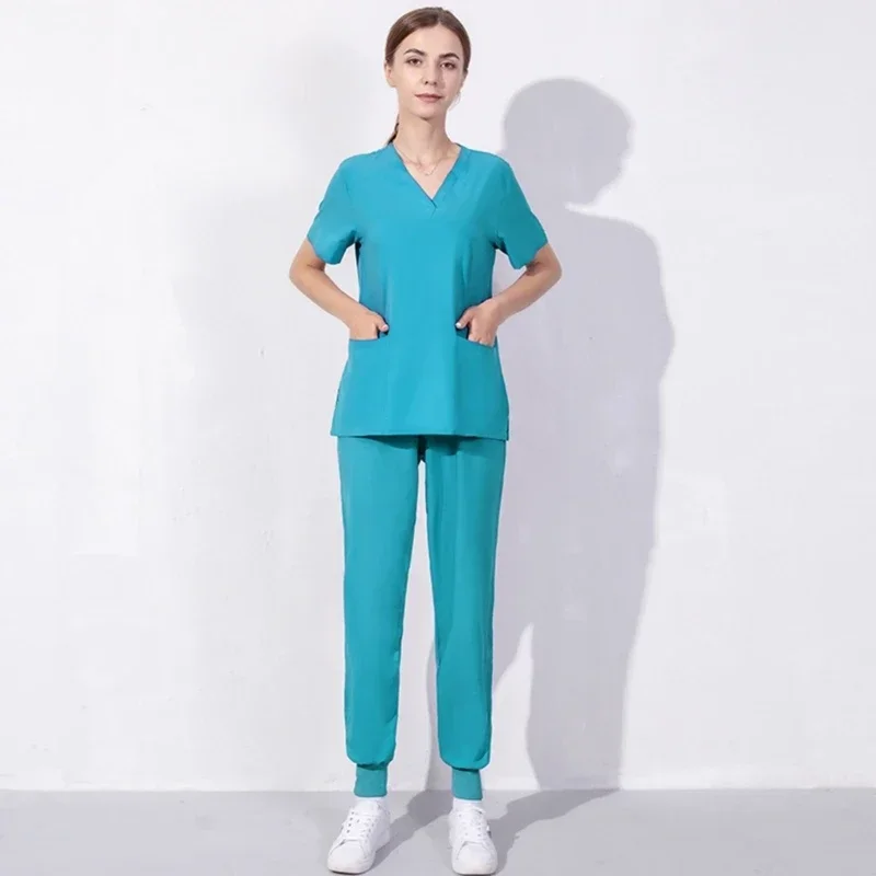 Solid Medical Nursing Uniform Scrub Set Womens Stretch V-neck Top and-Pants Medical Scrubs for Doctor Nurse Esthetician