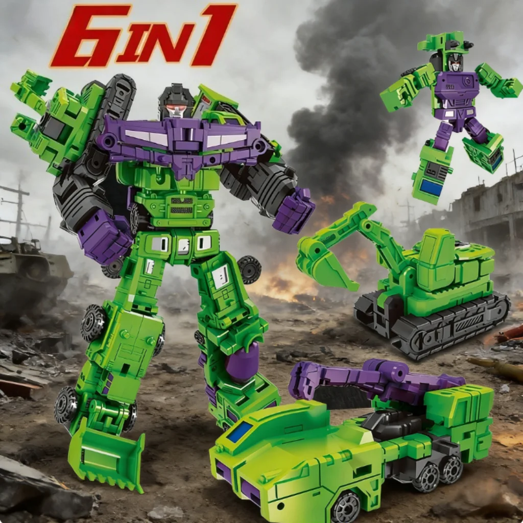 6-in-1 Transforming Robot Toy Set — Engineering Vehicle Combiner — Articulated Action Figure Model — Building Toy Gift for Boys