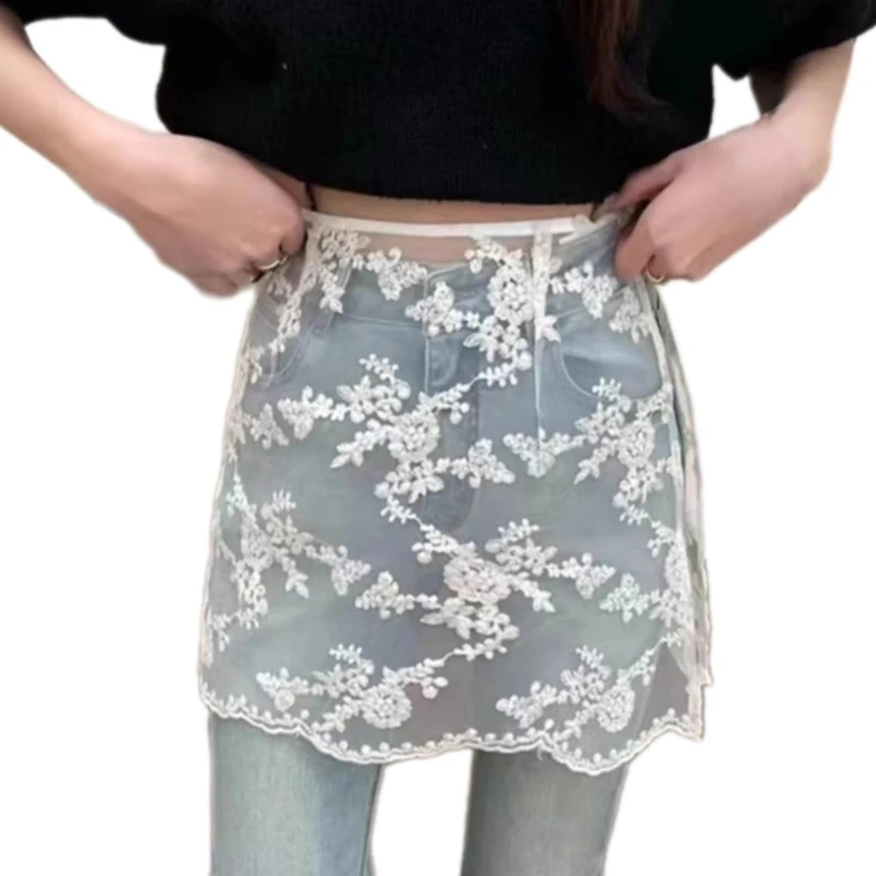 Vintage Flower Lace Sheer Half Skirt Hip Scarf Women Aesthetic See Through Apron Skirt Side Button Covering Overskirt