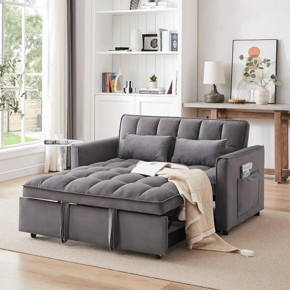 3 in 1 Sleeper Sofa Couch Bed, Velvet Convertible Sofa Bed with Armrests, Storage Pockets & 2 Pillows, Modern Sofa Bed Couch