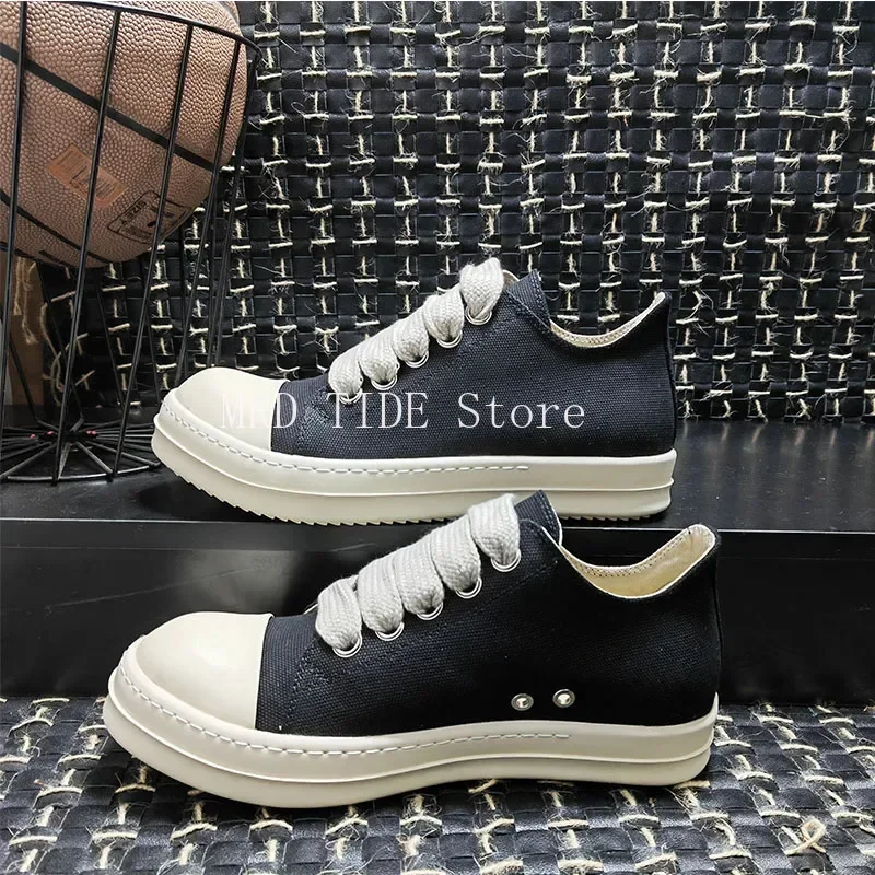 Men Women Canvas Casual Shoes Luxury Trainers Thick Shoelace High Street Flats Walking Skateboard Black Sneakers