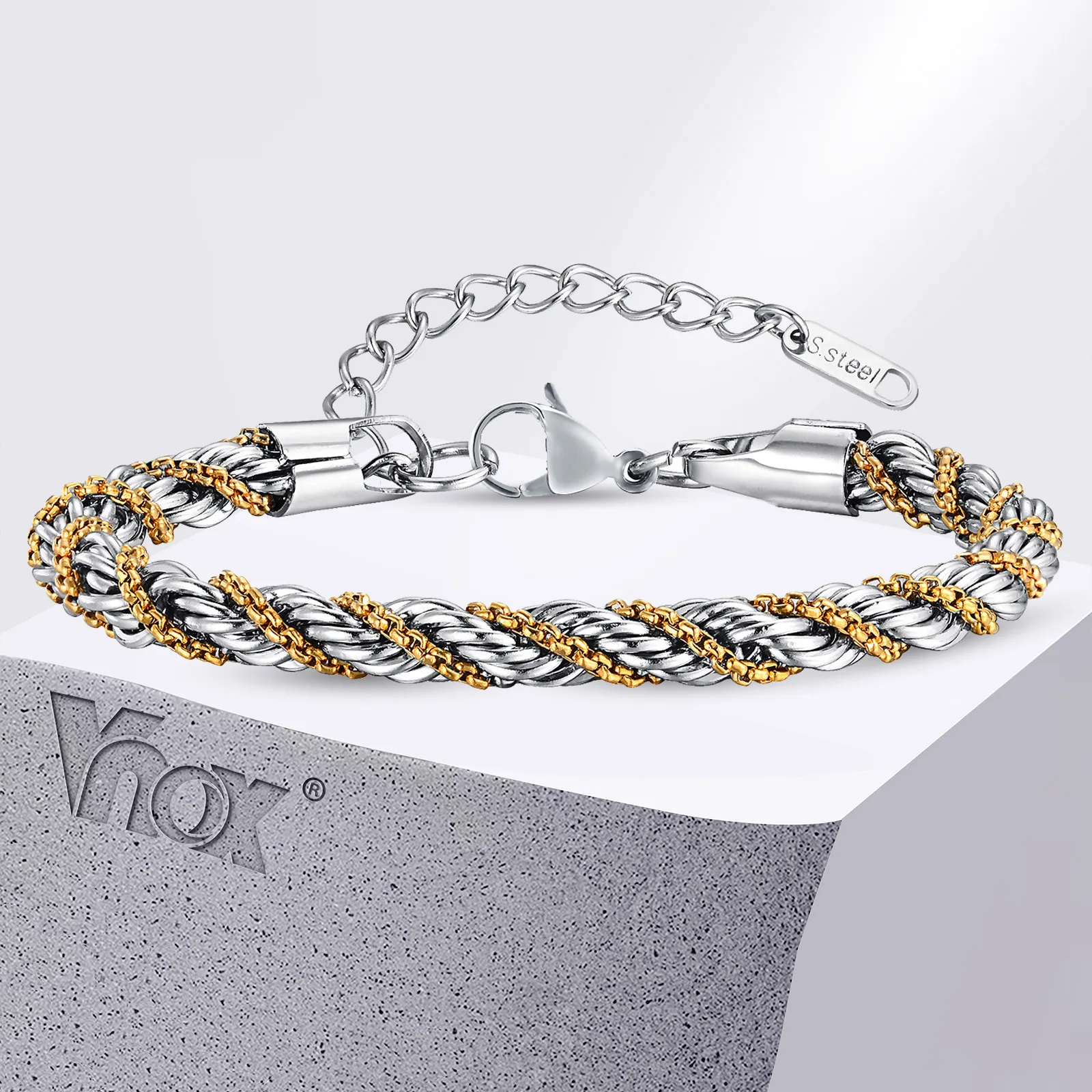 

Vnox Stylish Two Tones 5mm Stainless Steel Chain Bracelets for Men Women,Adjustable Twisted Rope Box Chain Hand Woven Jewelry