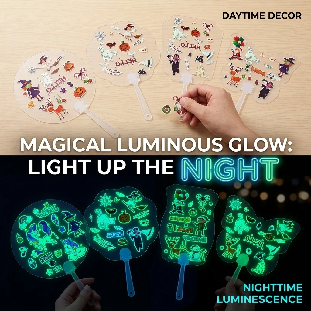 Multi-functional Plastic Transparent Fan Handheld Fans Thicken DIY Blank Halloween Christmas Easter Animals Luminous Stickers