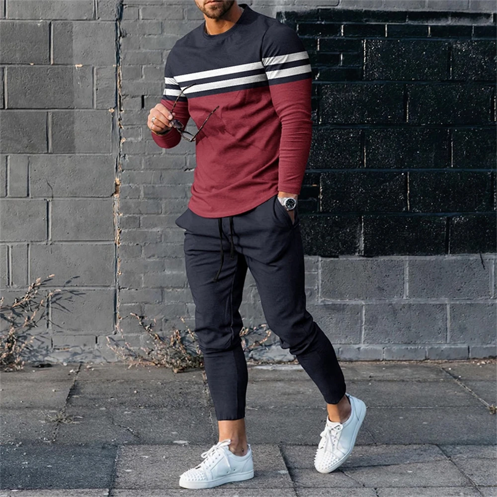 Solid Color Lines 3D Print Men's Sportswear Set Casual Long-Sleeved T Shirt Pants 2-Piece Set Oversized Pullover Men Clothing