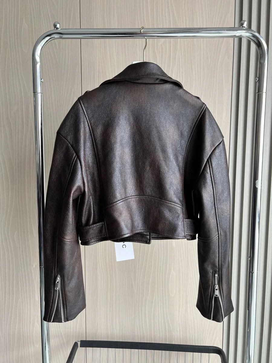 Pop Autunno/Inverno nuovi arrivi giacca da motociclista in ecopelle da donna manica lunga cappotto corto senza colletto