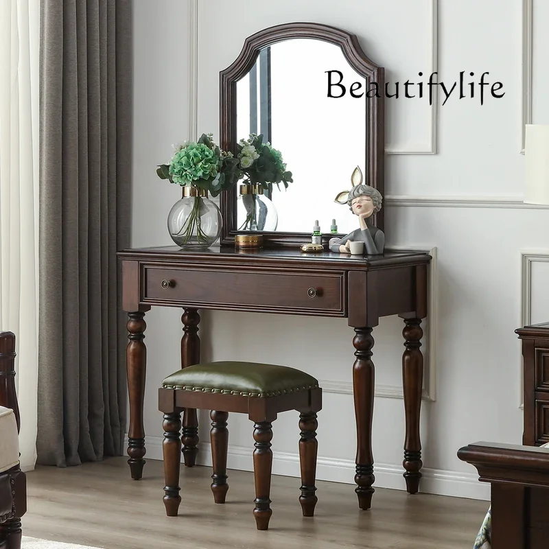 X40 Massivholz-Kommode Schlafzimmer Einfacher Retro-Aufbewahrungsschrank Multifunktionale Schublade Integrierter Schminkspiegel Schminktisch