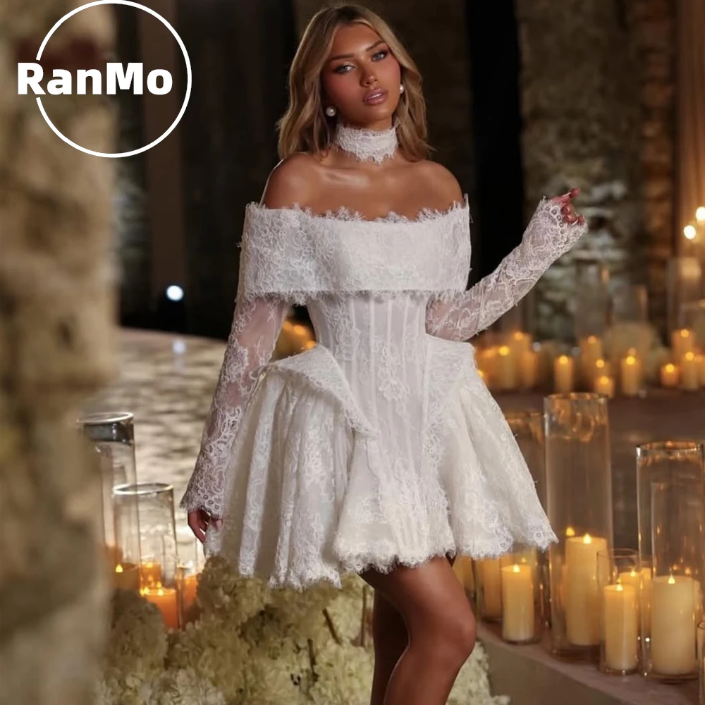 

Белое короткое свадебное платье Ranmo А-силуэта с кружевом 2026, мини-платье для невесты с открытыми плечами, женское свадебное платье с длинными рукавами, на заказ