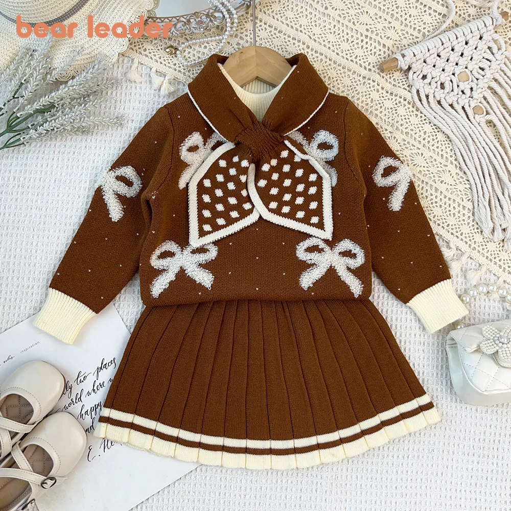 Bear Leader Korean Retro Brown Girls' Clothing Bow Print Lapel Kids Clothes Autumn/Winter Long Sleeved Knitted Sweater + Skirt