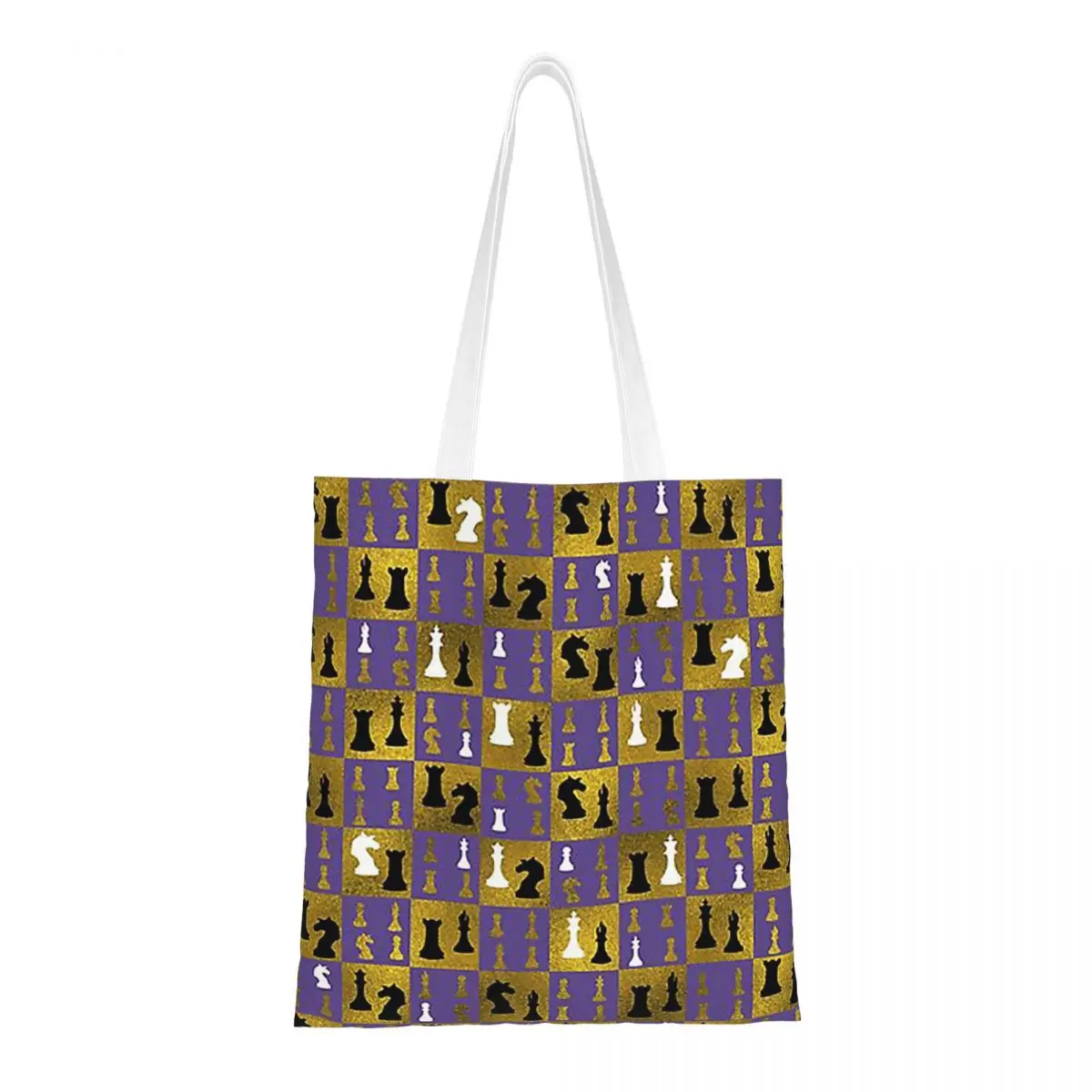 Violet Chessboard And Chess Pieces On Board Shopping Bags Ladies Canvas The Tote Bag Foldable Women Shoulder Tote Travel Handbag