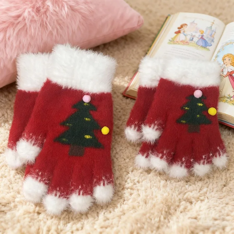 

Mother Kids New Thermal Knitted Gloves Christmas Tree Five-Finger Design for Outdoor Warmth Cute Winter Gloves for Students