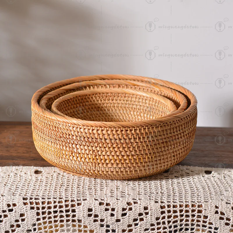 Rattan Woven Storage Basket Round 3 Piece Set Fruit Vegetable Candy Organizer for Home Desktop
