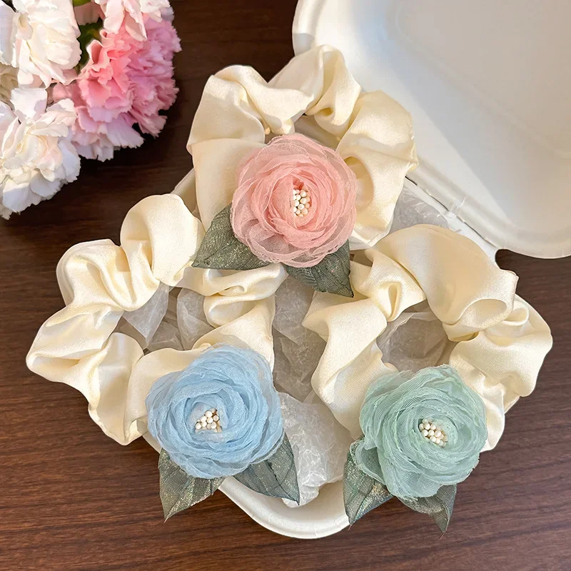 Mesh Satin Hair Band Cute Camellia Flower Tie Elastic Hair Band Korean Style French Rose Flower Hair Rope Girls