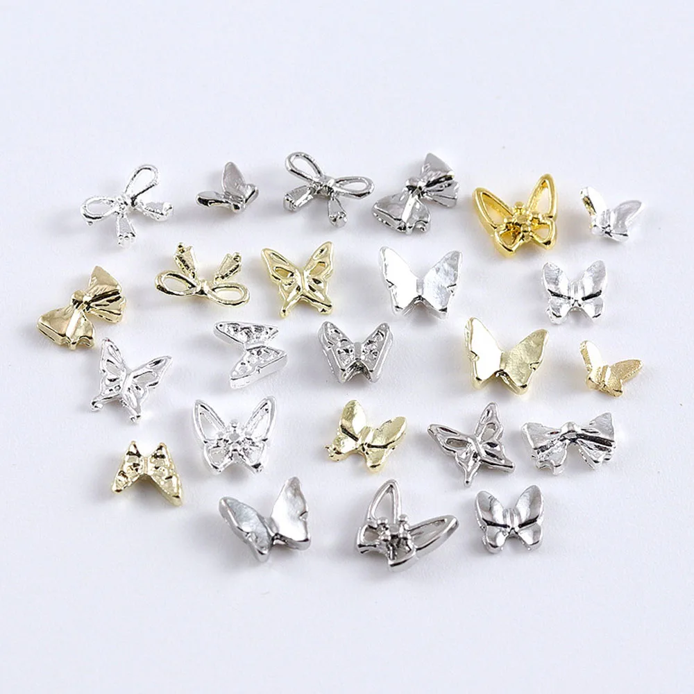 10Pcs/lot 3D Butterfly Gold Silver Nail Charms Alloy Gems Mini Rivets Decoration Manicure Bow Tie Nail Supplies Accessories