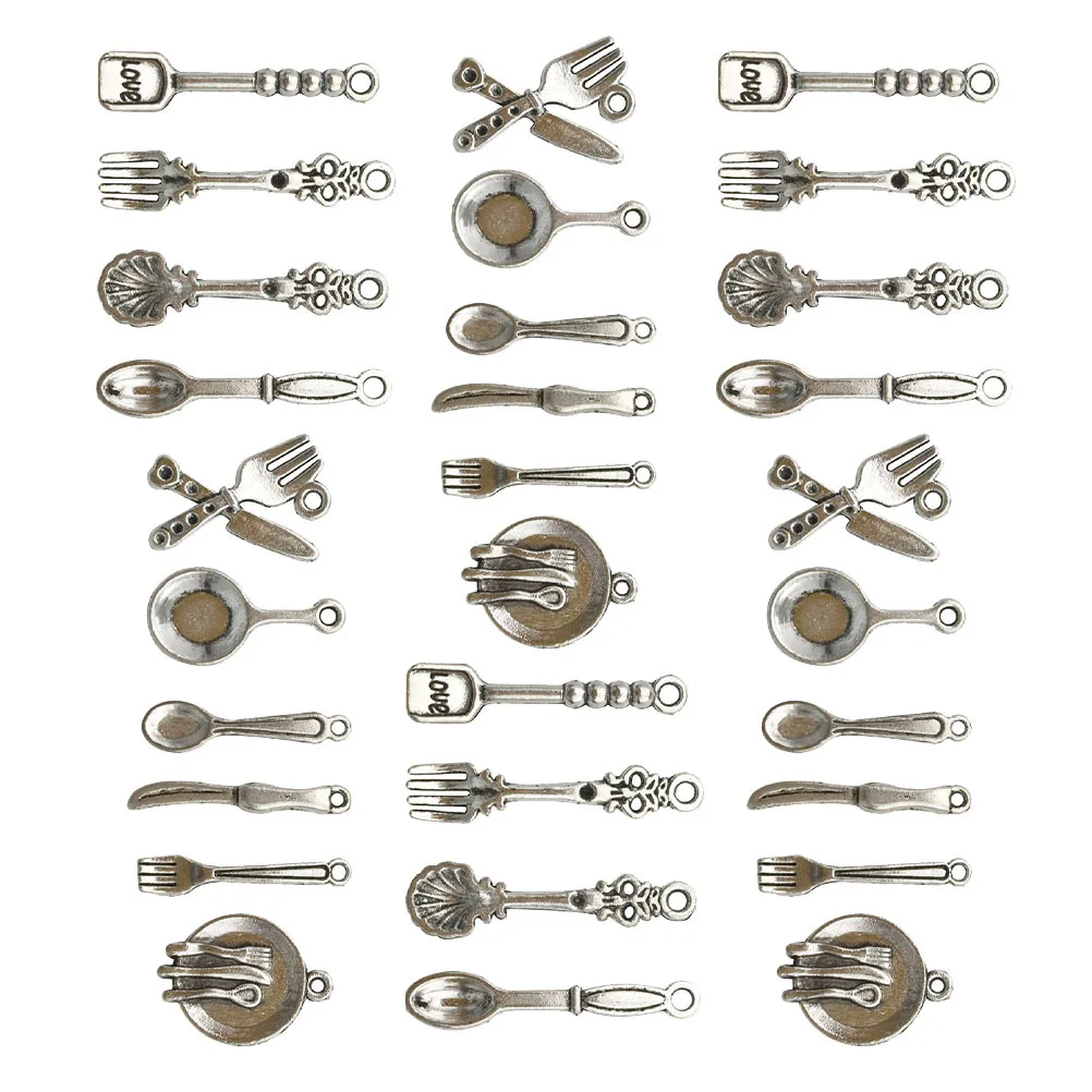 100 Stück Geschirr-Anhänger, DIY-Löffel, Gabel, Schüssel, Schmuckzubehör für Halskette, Armband, Charm, Handwerk, Schmuck, Anhänger-Zubehör