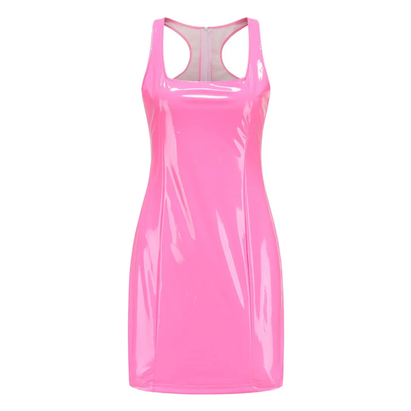 Vestido ajustado de piel sintética brillante para mujer, minivestido Sexy ajustado sin mangas para Club, verano, 2023