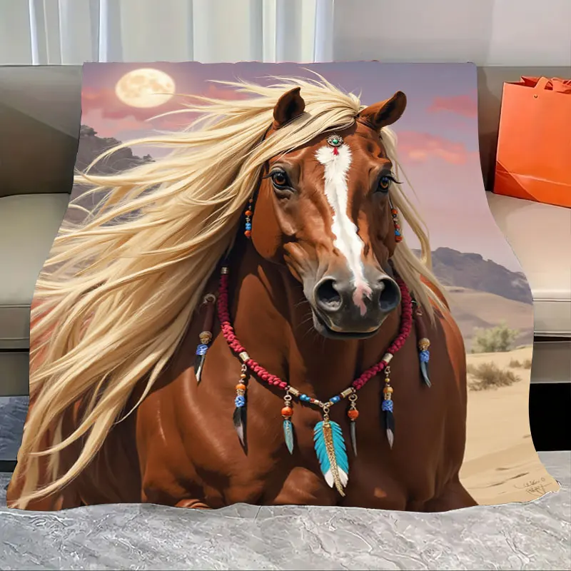 

1pc Flannel Blanket Native Spirit Horse Blanket with Desert Moon Scene