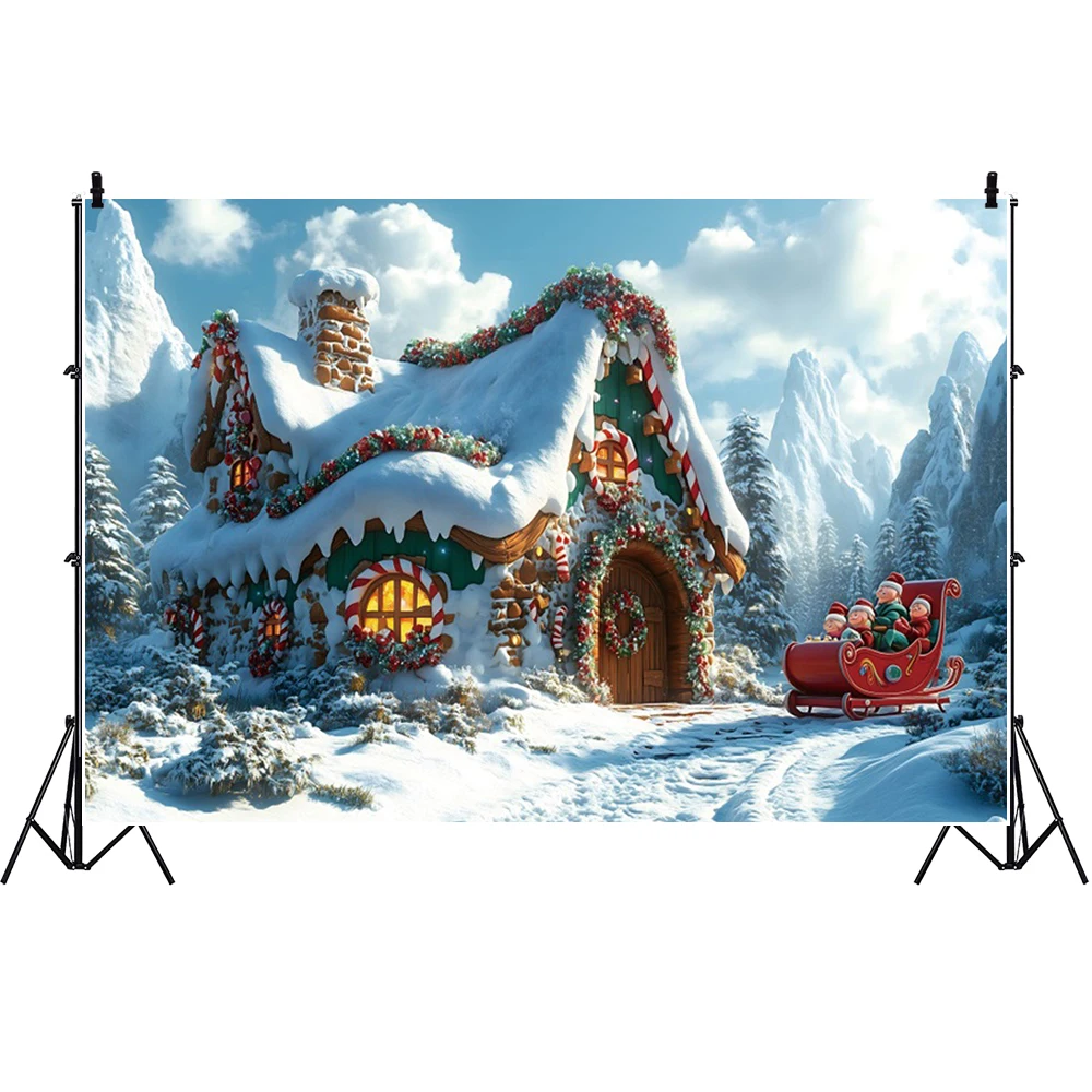 Feliz Navidad casa de nieve telón de fondo bosque de invierno paisaje nevado piruleta Santa cuento de hadas fotografía fondo estudio fotográfico