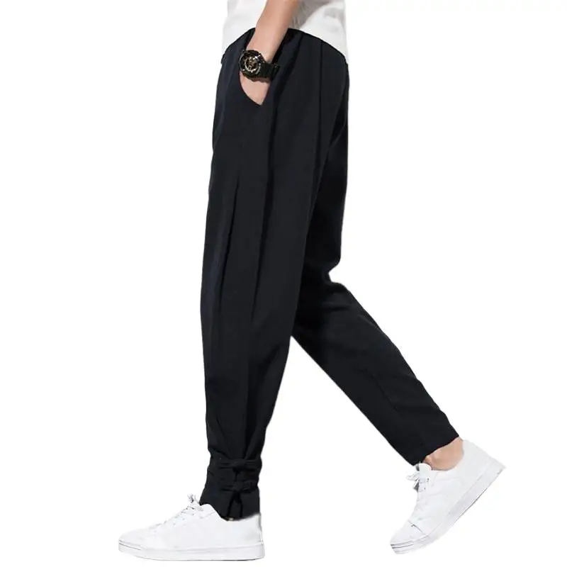 

Chinese Style Autumn cotton linen trousers plus size cargo pants jogging homme casual trousers with button pantalones de hombre