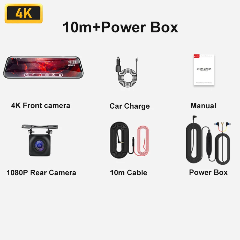 Jansite 10-inch 4K or 1080P Car DVR Front Rear Camera Touch Screen