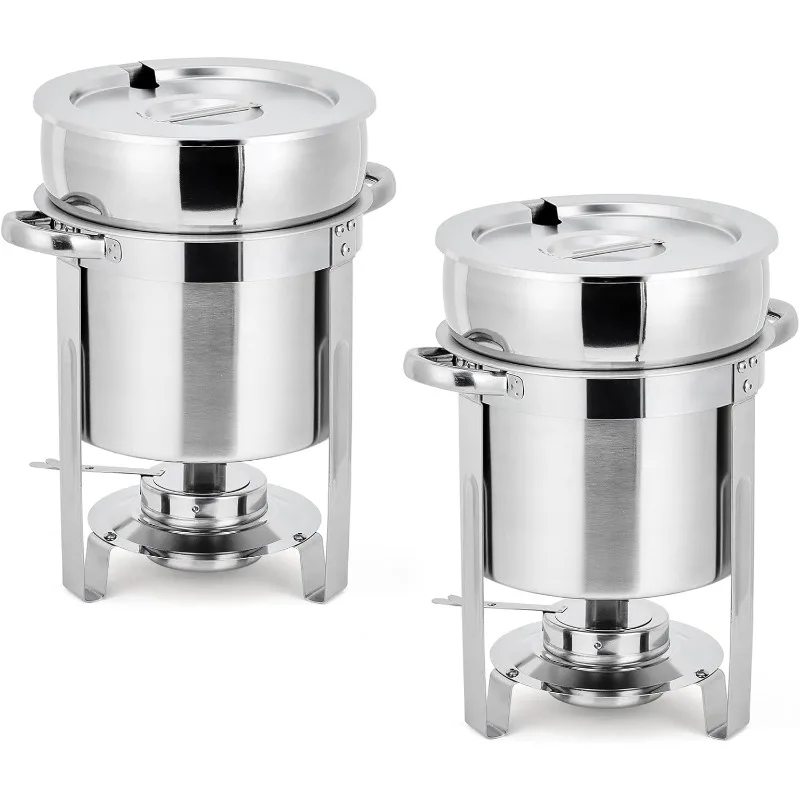 

11QT Soup Chafer Set of 2, Stainless Steel Round Soup Warmer with Pot, Notched Lids & Fuel Holders, Commercial Food W