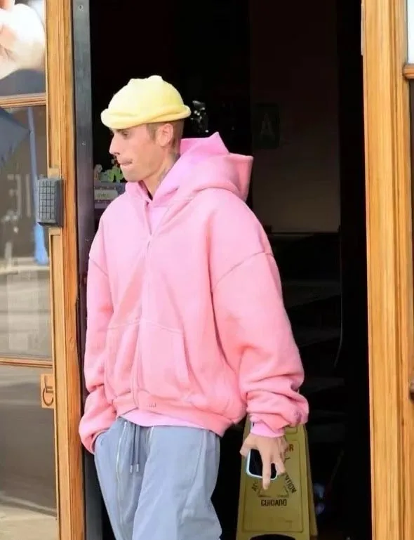 

Good Quality Heavy Fabric Justin Bieber SKYLRK Embroidery Pink Cardigan Hoodie Men Women Oversized Hooded Pullover