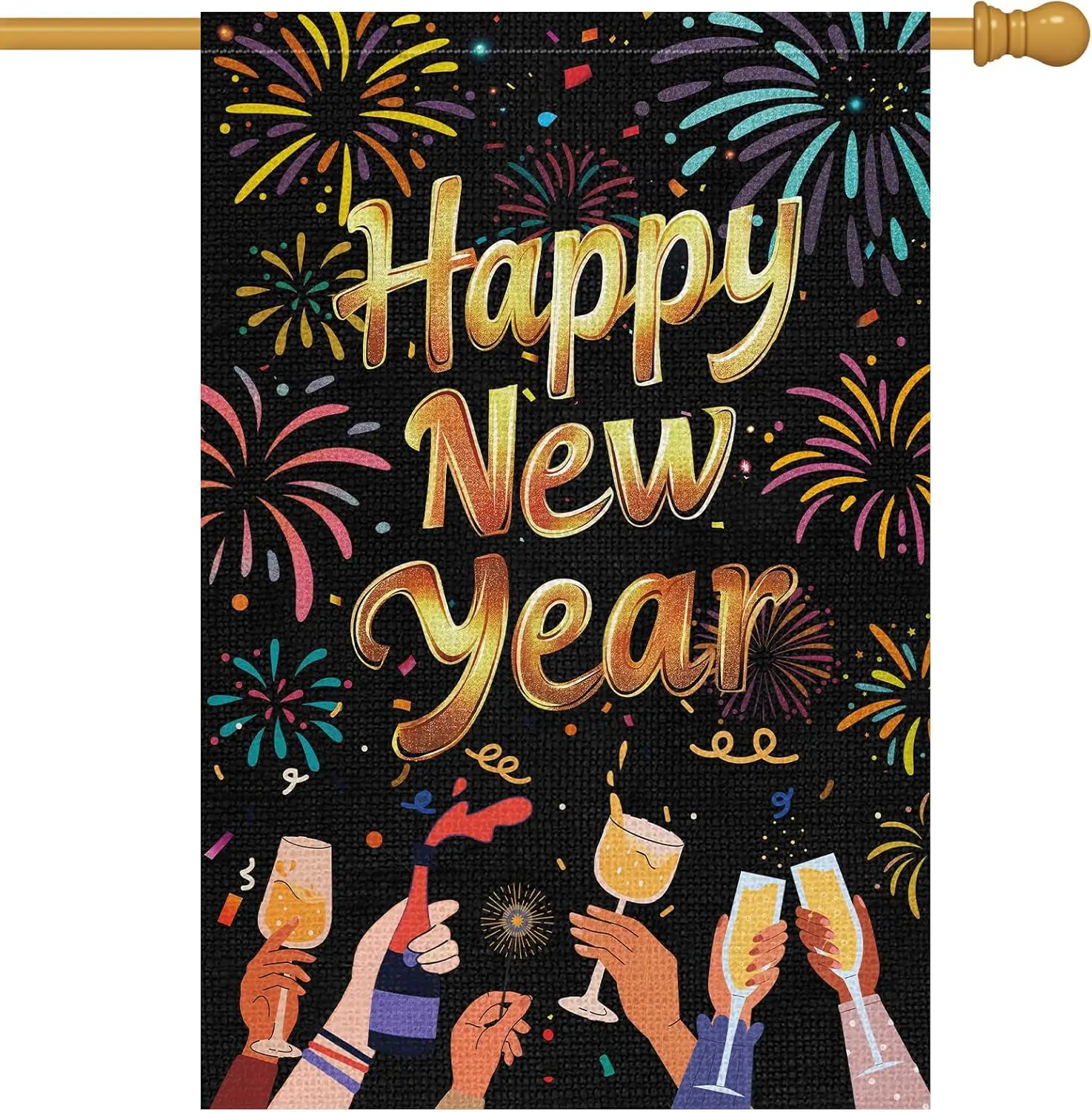 Heyfibro Happy New Year Garden Flag 28x40 Inch Double Sided Burlap Firework Champagne Cheers Celebration Banner for Christma GGX