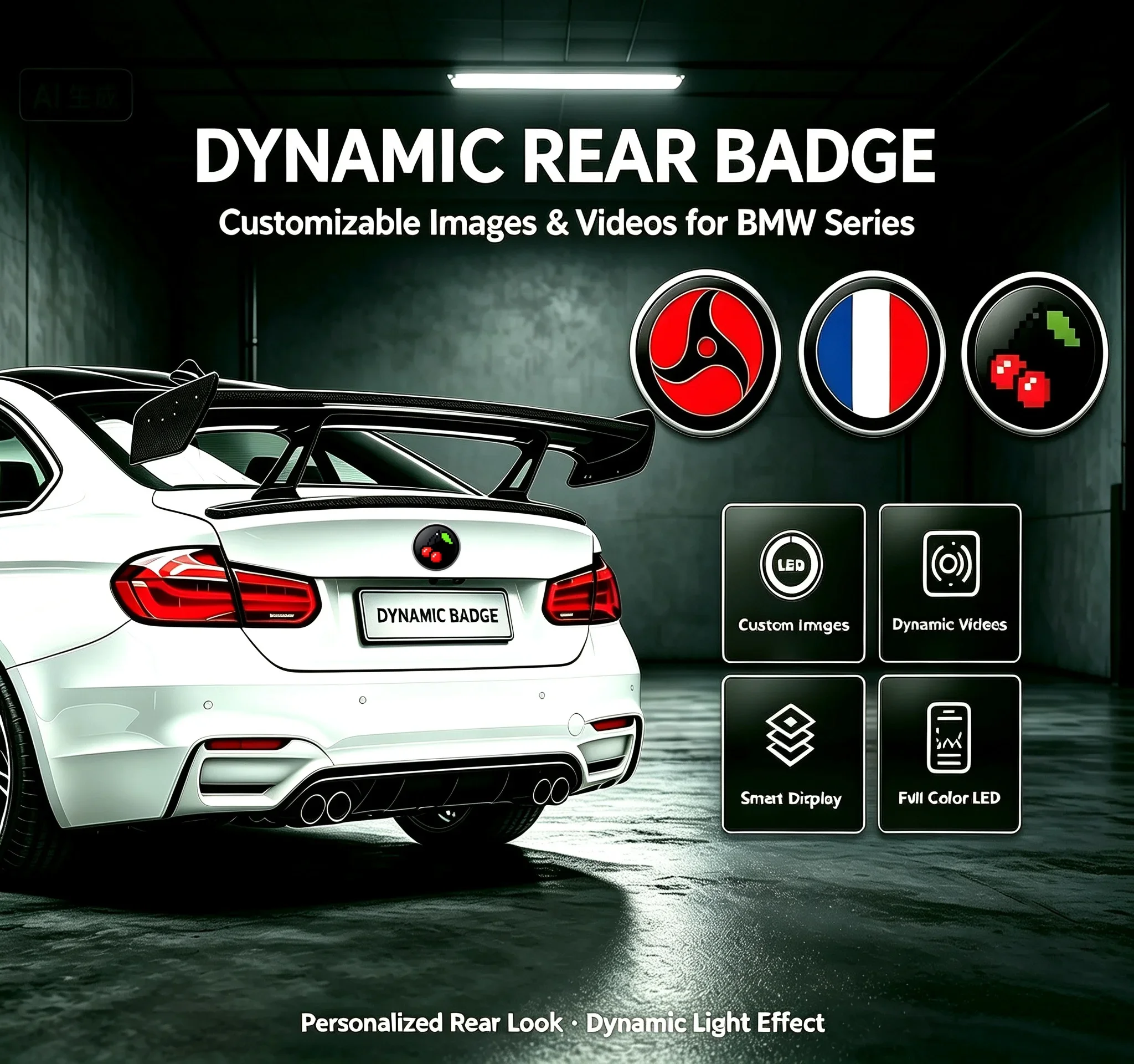 Custom HD Ultra-thin LED Animated Car Trunk Logo, Suitable for BMW X Series, M Series, 3/5/7 Series Exterior Decoration