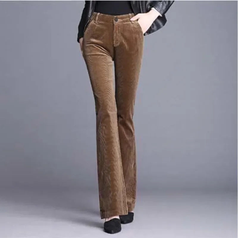 

Fashion Women Slim Corduroy Flare Pants Spring Autumn Office Lady Thicken Vintage High Waist Wide Leg Solid Trousers 2023 E91