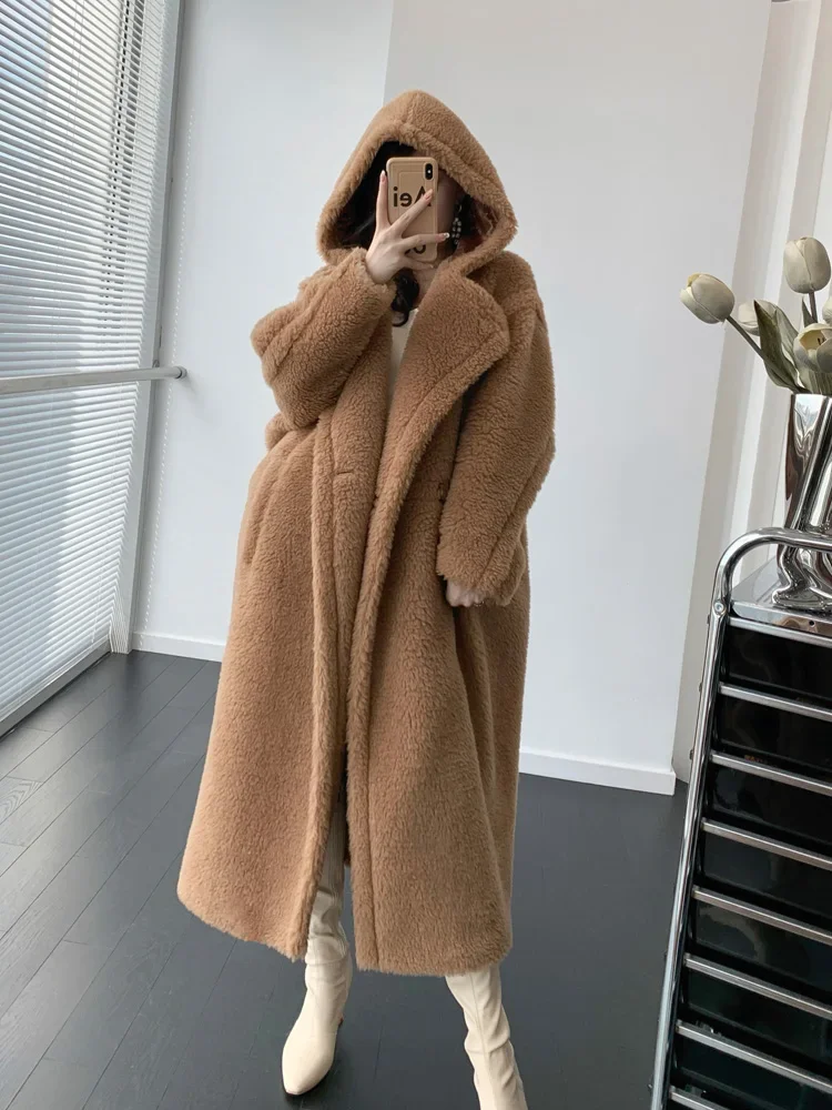 HNL Hooded Teddy Bear Fur Mid-length Coat 2022 Winter New Tobacco Color Alpaca Coat Women\'s Loose