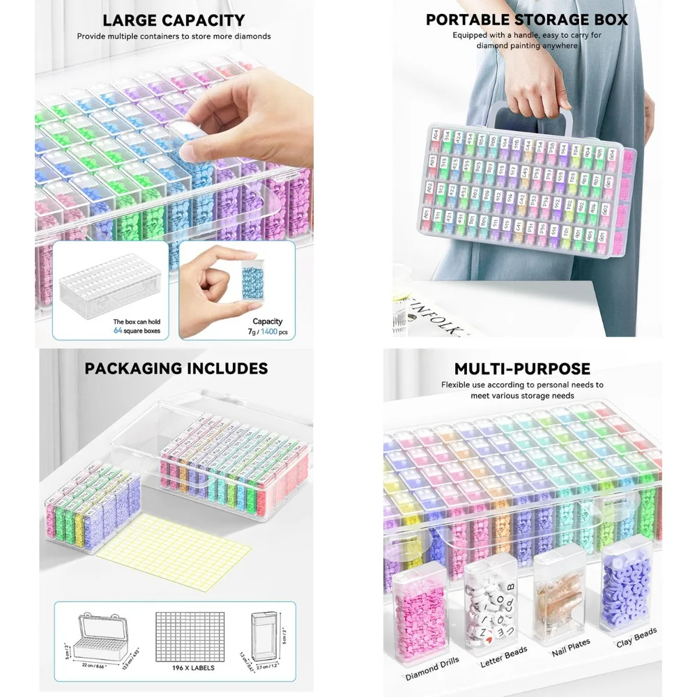 

Diamond Art Storage Box 64 Slot Bead Organizer Case for Diamond Painting Kit Accessories Craft Supplies Storage Container