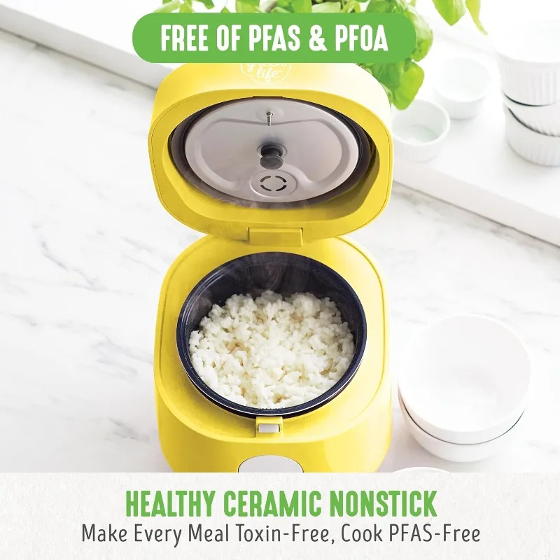 4-Cup Digital Rice Cooker, PFAS & PFOA-Free Removable Ceramic Dishwasher Safe Pot, Paddle Included, Yellow