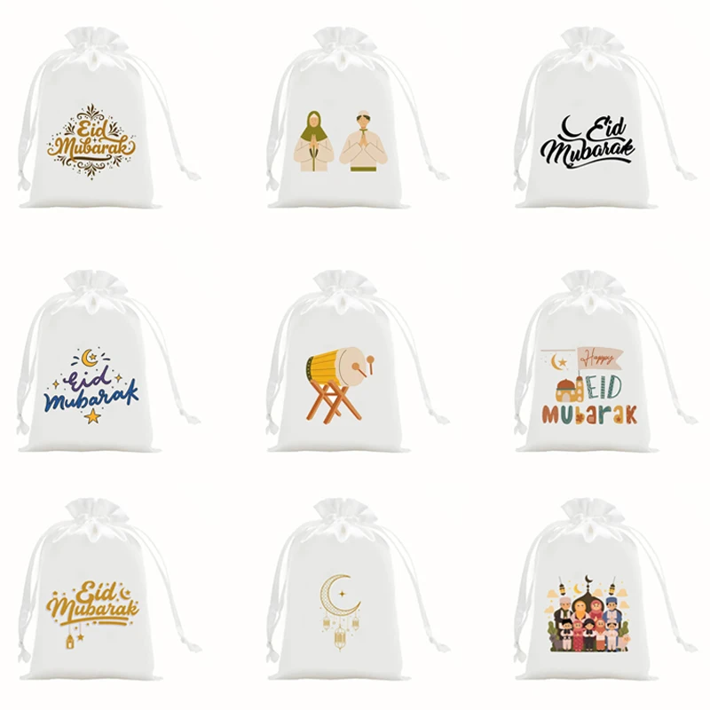 

5pcs Eid Mubarak White Satin Drawstring Bags Muslim Islamic Ramadan Kareem Decorate Accessories Eid Al-Fitr Festival Present Bag