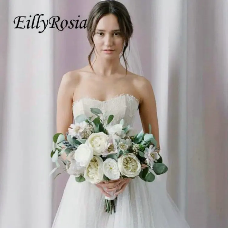 EillyRosia – Bouquet de mariage romantique, grande taille, pour la mariée, rustique, pivoines blanches, Roses, Cornflower, Eucalyptus, dernière collection