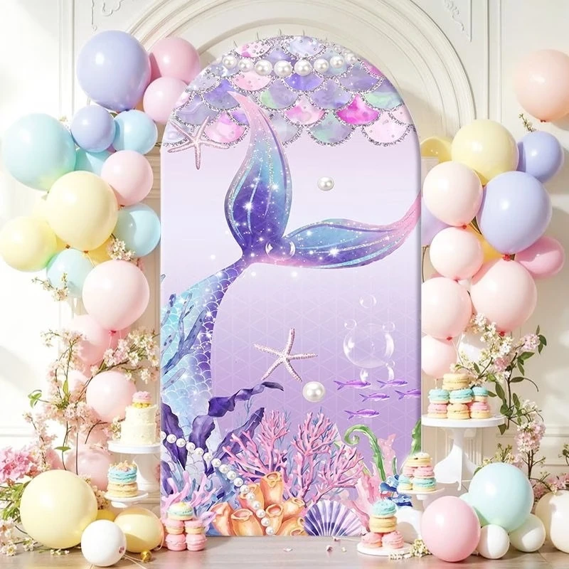 Custom 2-sided Mermaid Theme Birthday Backdrop Shell Pearl Purple Pink Castle Background Under the Sea Girl Party Arch Cover