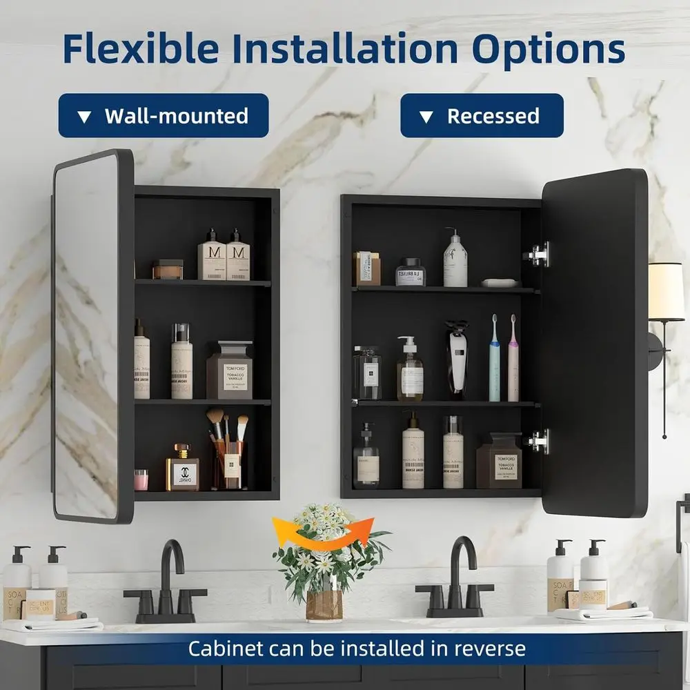 خزانة طبية مثبتة على السطح مقاس 16 × 24 باللون الأسود مع مرآة وأرفف قابلة للتعديل #4
