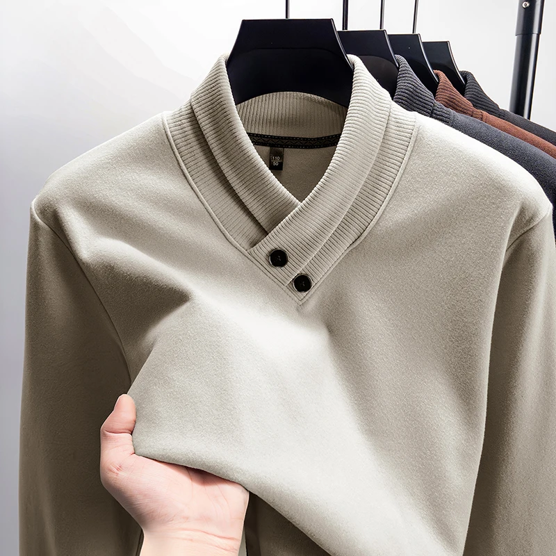 

AutumnandWinter Men's Wear with Velvet Warm Hoodie Versatile Knitted Bottom Sweater V-neck Loose Solid Color Fashion Sweater Top